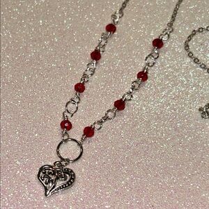 Silver Heart Pendant Necklace with Red Accents